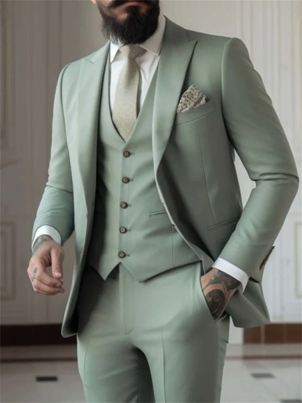 Elegant Sage Green Men's 3-Piece Slim Fit Suit Set - Jacket, Vest, and Pants for Weddings, Proms, and Formal Events