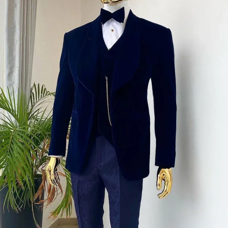 3 Piece Velvet Wedding Tuxedo for Groom Slim Fit Men Suits Male Fashion Jacket with Floral Pants Waistcoat