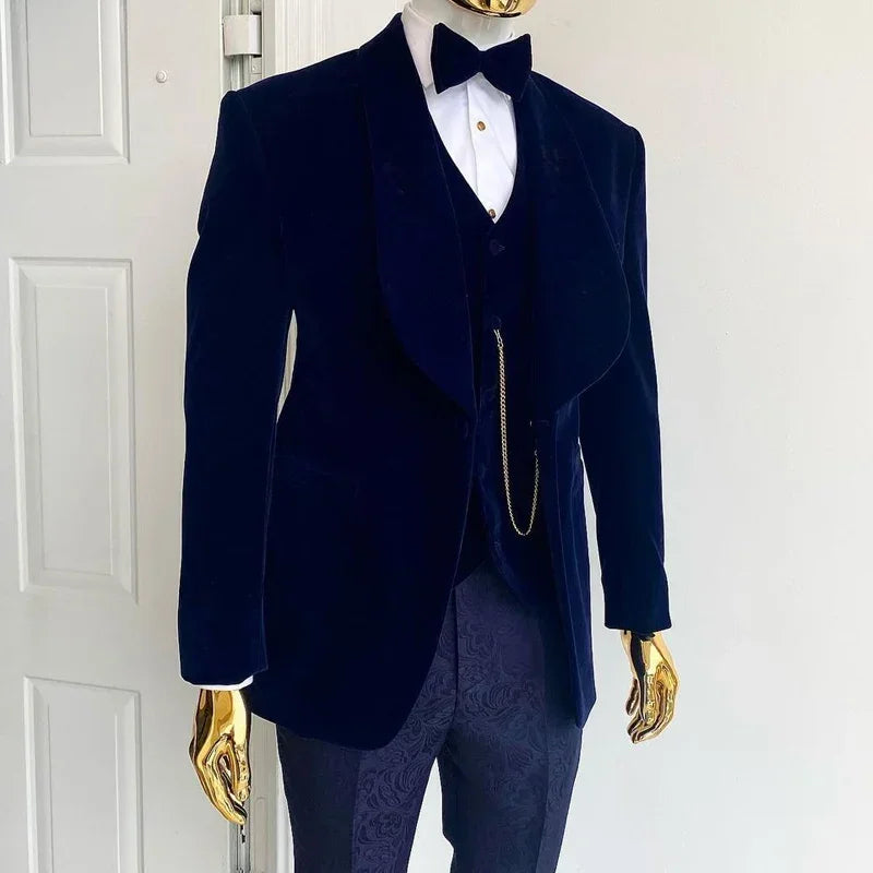 3 Piece Velvet Wedding Tuxedo for Groom Slim Fit Men Suits Male Fashion Jacket with Floral Pants Waistcoat