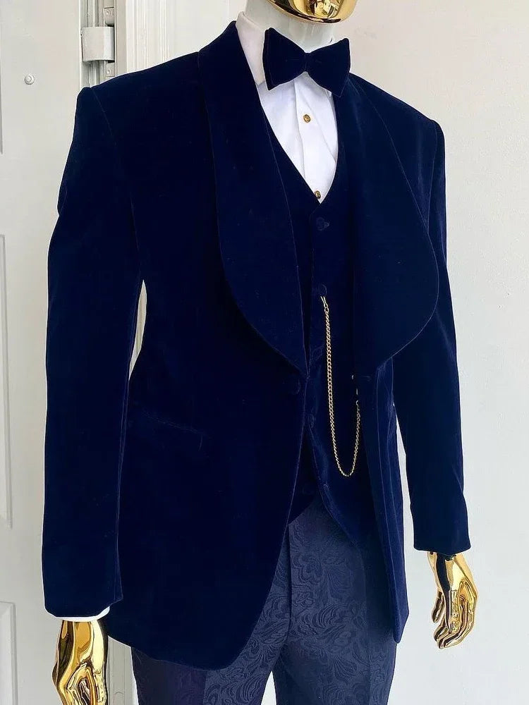 3 Piece Velvet Wedding Tuxedo for Groom Slim Fit Men Suits Male Fashion Jacket with Floral Pants Waistcoat