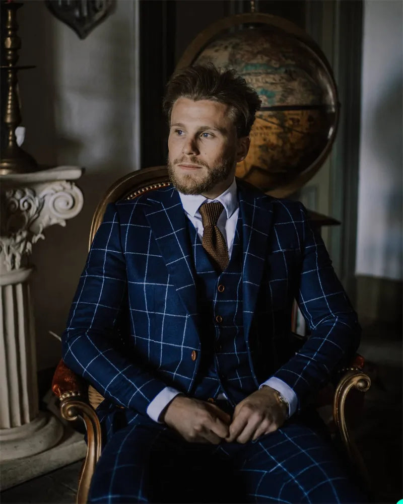 Esmoquin de boda a cuadros azul oscuro de 3 piezas, chaqueta, chaleco y pantalones, traje de padrino de boda a medida, trajes clásicos de un solo pecho para hombre. 