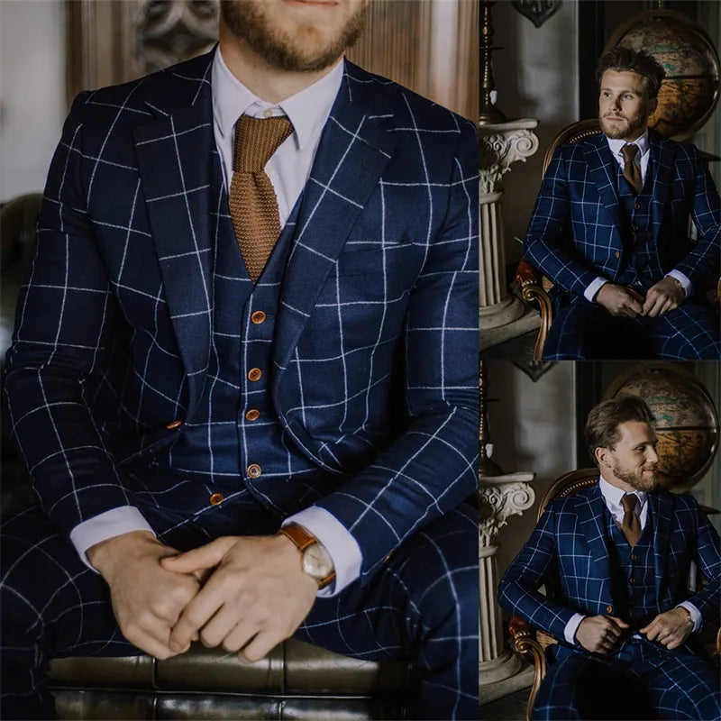 Esmoquin de boda a cuadros azul oscuro de 3 piezas, chaqueta, chaleco y pantalones, traje de padrino de boda a medida, trajes clásicos de un solo pecho para hombre. 