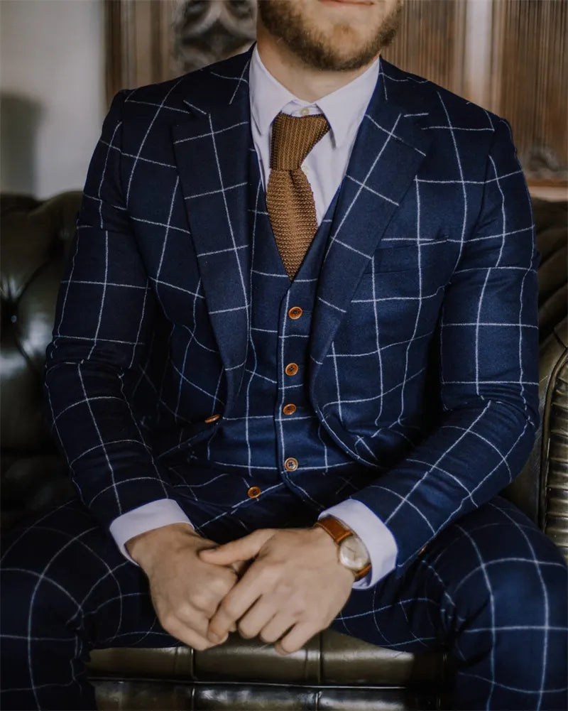 Esmoquin de boda a cuadros azul oscuro de 3 piezas, chaqueta, chaleco y pantalones, traje de padrino de boda a medida, trajes clásicos de un solo pecho para hombre. 