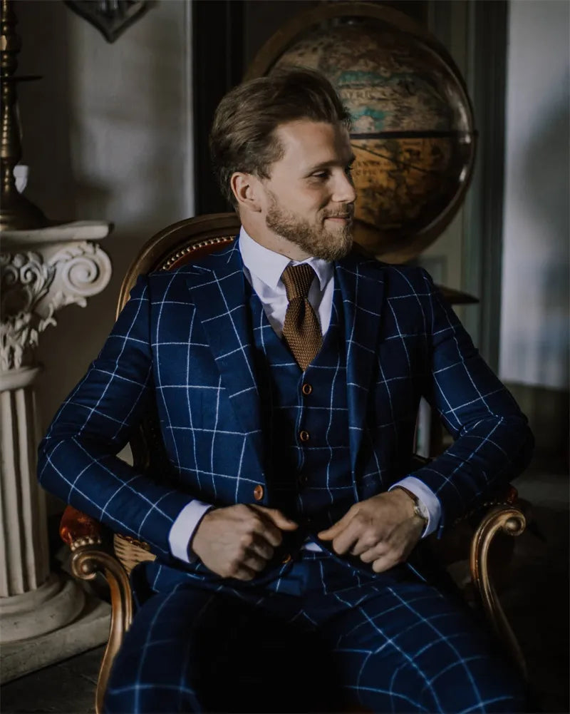 Esmoquin de boda a cuadros azul oscuro de 3 piezas, chaqueta, chaleco y pantalones, traje de padrino de boda a medida, trajes clásicos de un solo pecho para hombre. 