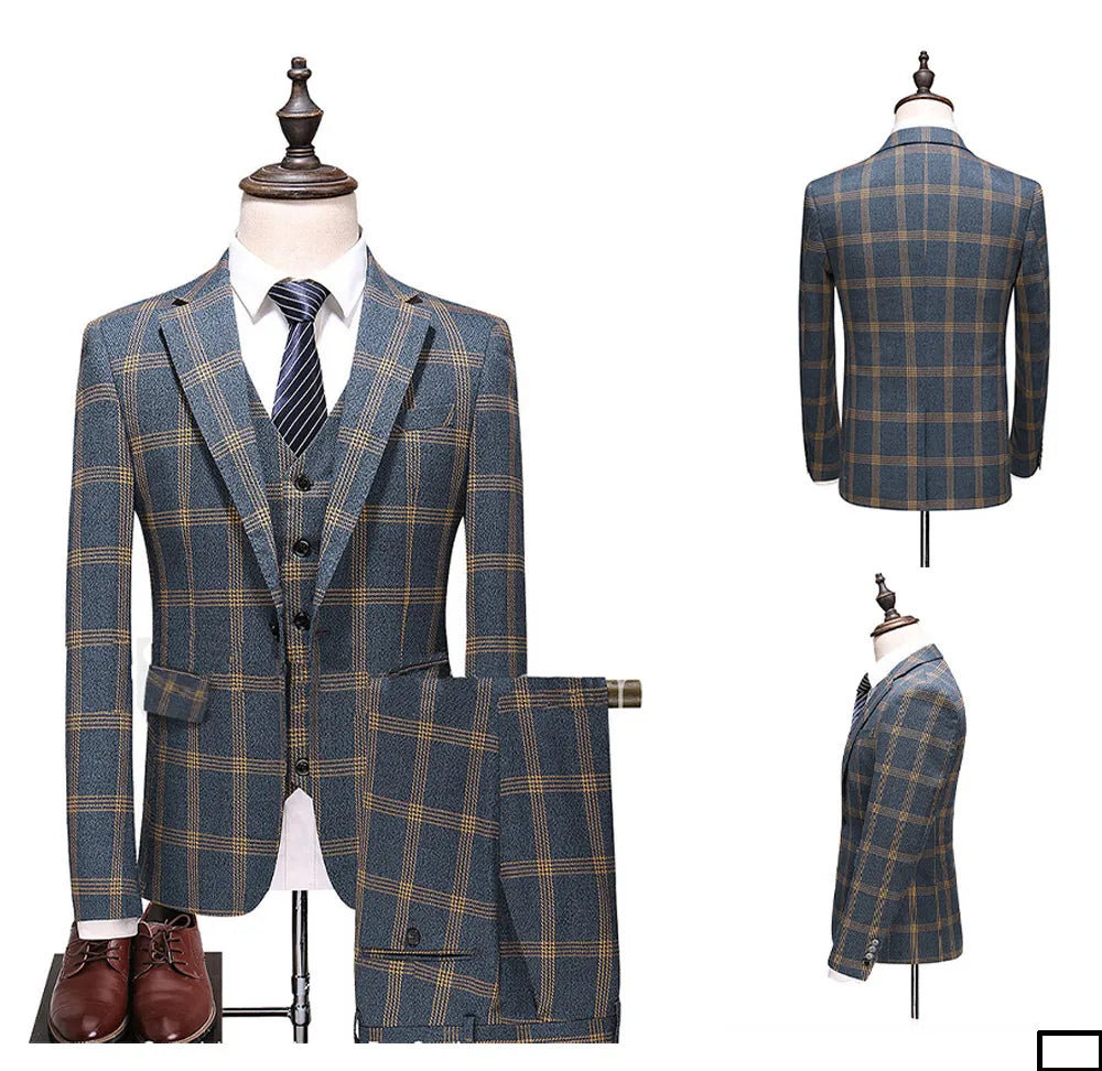 3 Pieces Formal Plaid Men Wedding Suits Blazer&Pants&Vest Groom Wedding Tuxedos Fashion Custom Made
