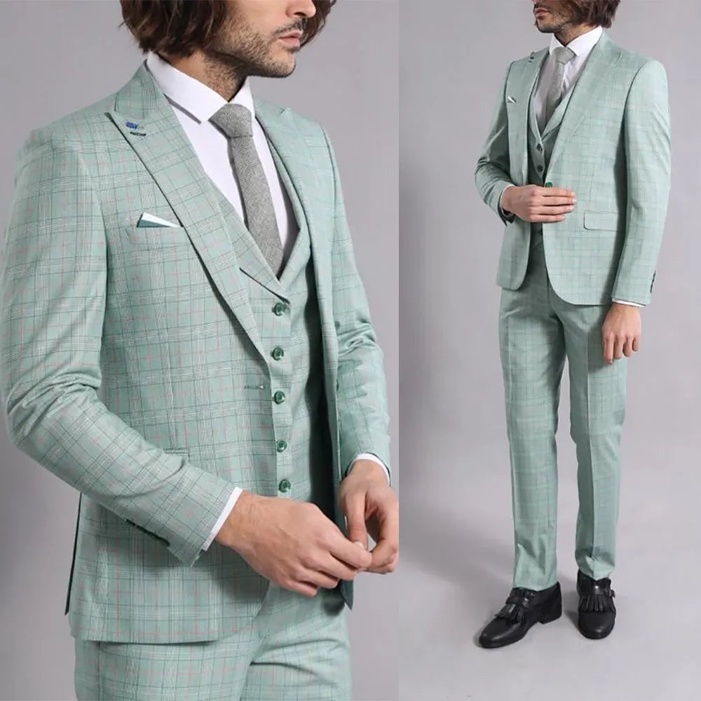 3 Pieces Green Plaid Men Wedding Tuxedos Blazer&Pants&Vest Groom Groomsmen Suit Custom Made Men Suits