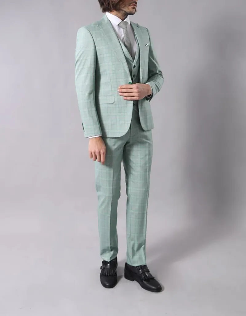 3 Pieces Green Plaid Men Wedding Tuxedos Blazer&Pants&Vest Groom Groomsmen Suit Custom Made Men Suits