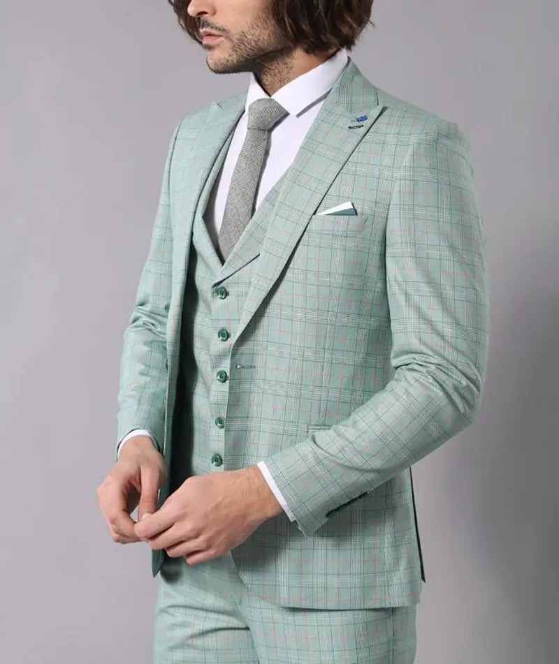 Costume de mariage 3 pièces à carreaux verts pour homme, blazer, pantalon et gilet, sur mesure