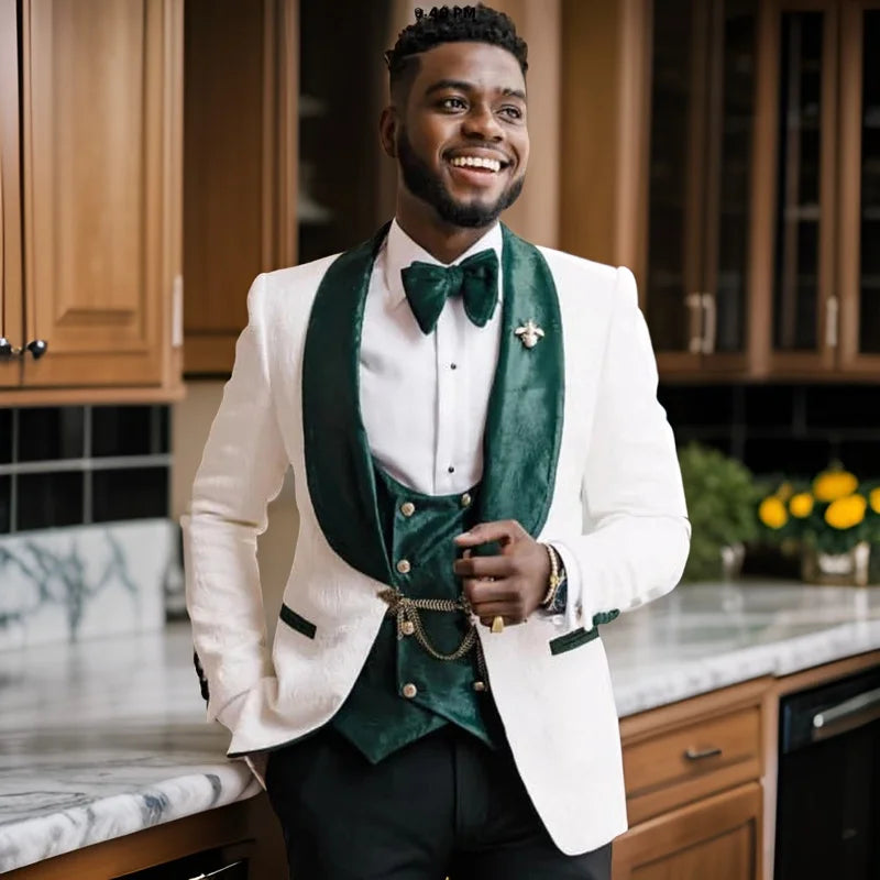 3 Pieces Groom Tuxedo for Wedding African Slim Fit Men Suits White Floral Pattern Jacket Green Velvet Vest with Black Pants