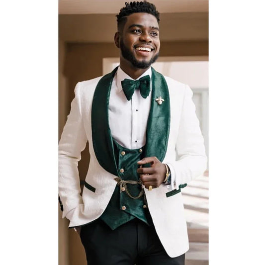 3 Pieces Groom Tuxedo for Wedding African Slim Fit Men Suits White Floral Pattern Jacket Green Velvet Vest with Black Pants