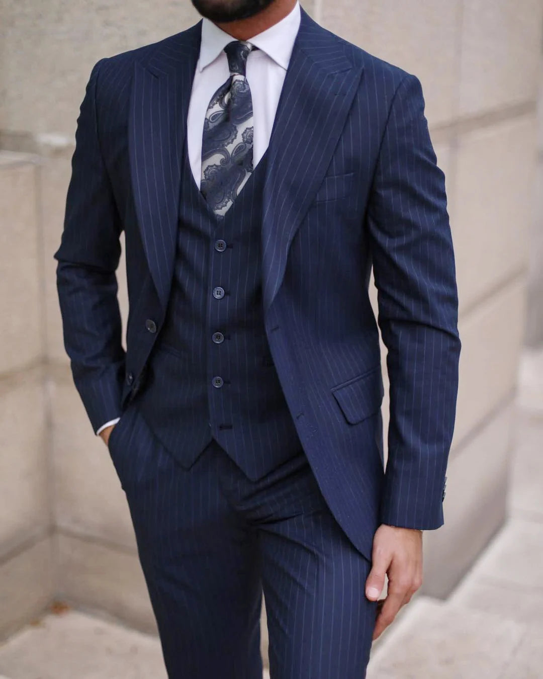 Traje de 3 piezas para hombre, a rayas, de un solo pecho, formal, para negocios, boda, novio, informal, para graduación, blazer, pantalones y chaleco.