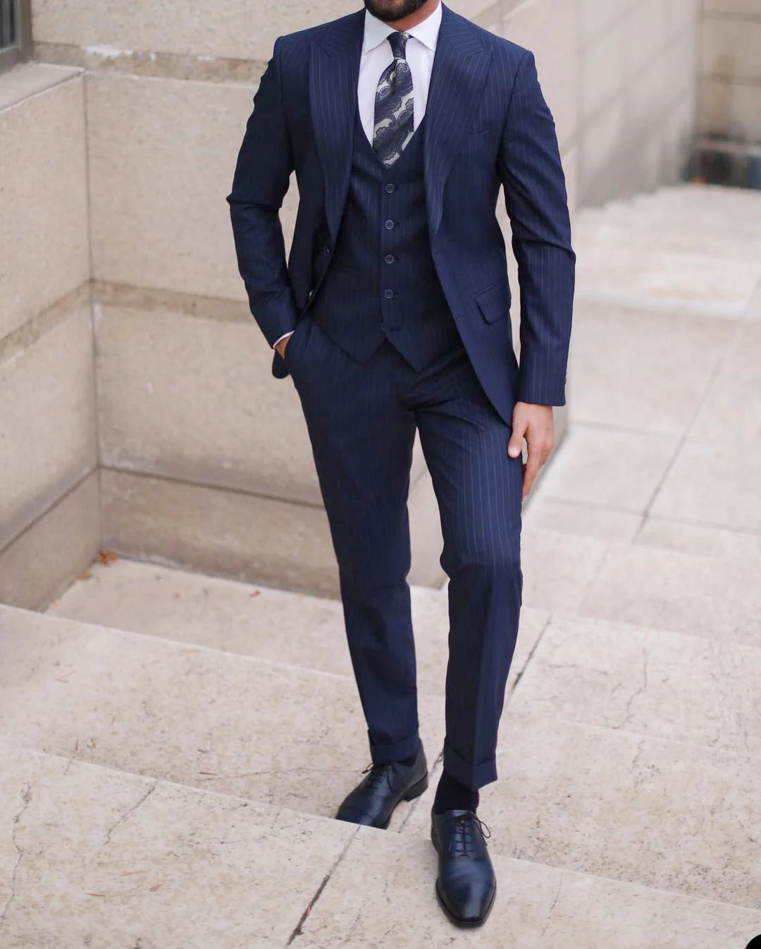 Traje de 3 piezas para hombre, a rayas, de un solo pecho, formal, para negocios, boda, novio, informal, para graduación, blazer, pantalones y chaleco.