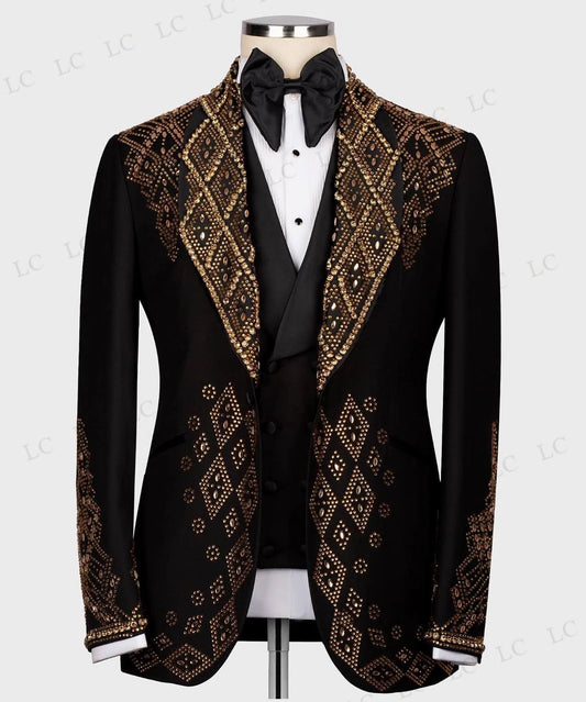 3 Pieces Men Suits One Button Crystals Gold Beads Diamonds Wide Lapel Tuxedo Slim Wedding Groom Prom Plus Size Costume Homme