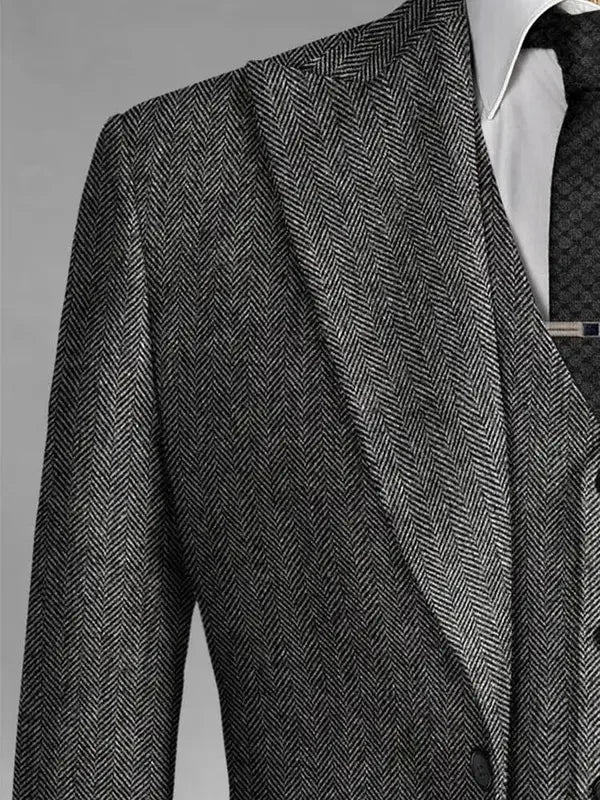 Costume 3 pièces gris à chevrons pour homme, coupe slim, revers en pointe, smoking de bal en tweed pour garçons d'honneur (blazer, gilet, pantalon)