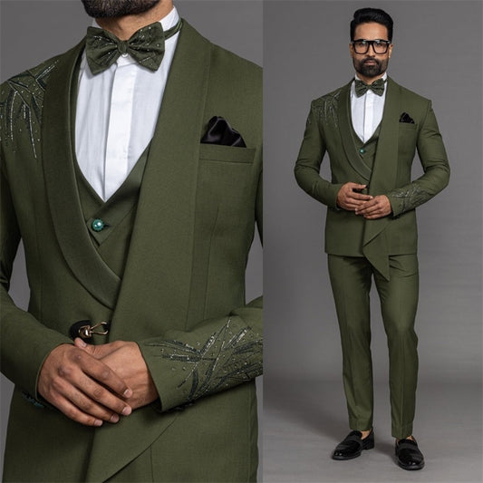 3 Pieces Sequins Men Office Suits Set For Wedding Oliver Green Formal Beads Groom Tuxedo Business Jacket+Pants+Vest Custom Made