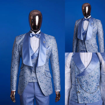 Elegante traje de esmoquin azul claro de 3 piezas para hombre, blazer, chaleco y pantalón de jacquard de algodón a medida, perfecto para bodas y ocasiones especiales.