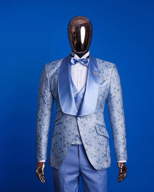 Elegante traje de esmoquin azul claro de 3 piezas para hombre, blazer, chaleco y pantalón de jacquard de algodón a medida, perfecto para bodas y ocasiones especiales.