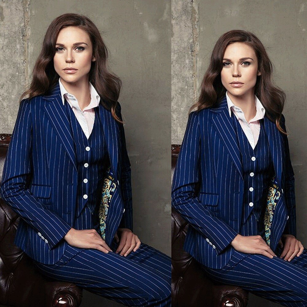Trajes de mujer de 3 piezas con raya diplomática azul marino, traje de negocios con pantalón, traje de madre a medida, traje formal de noche, esmoquin (chaqueta + pantalón) 
