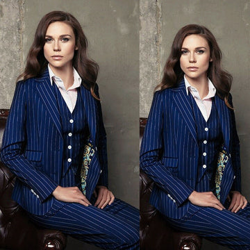 3 pcs Navy Pinstripe Women Suits Business Pants Suit Custom Made Mother's Dress Formal Evening Wear Tuxedos(Jacket+Pants)