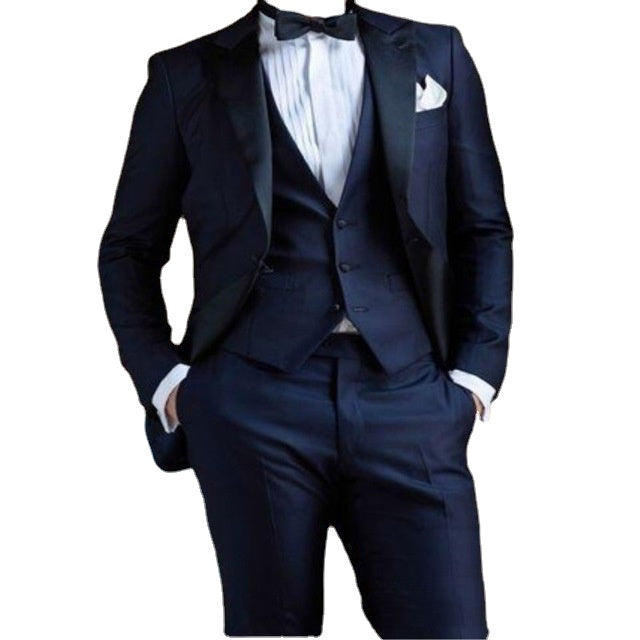 Costumes de bal de mariage bleu marine sur mesure, coupe ajustée, vestes, pantalons, gilets, ensemble 3 pièces, smoking de marié, blazer formel 