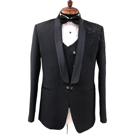 Blazers à perles noires pour hommes, costumes de banquet à la mode, veste d'affaires 3 pièces, gilet, pantalon