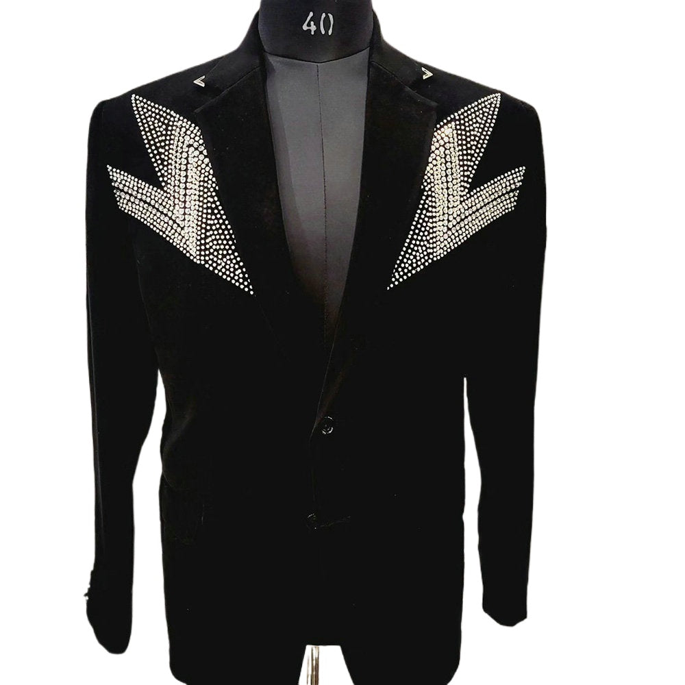 Costume 2 pièces pour homme, avec perles en cristal noir, smoking de mariage, dîner, bal, blazer