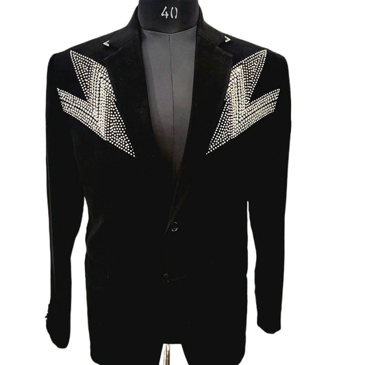 Costume 2 pièces pour homme, avec perles en cristal noir, smoking de mariage, dîner, bal, blazer