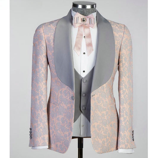 Costume de soirée rose pour homme, trois pièces, en jacquard floral (veste, gilet et pantalon)