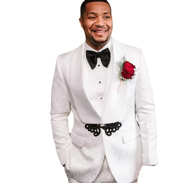 Jacquard Men' s Suit 2 Pieces Blazer Pants Tuxedo One Button Satin Sheer Lapel Knot Business Work Wedding Groom Tailored