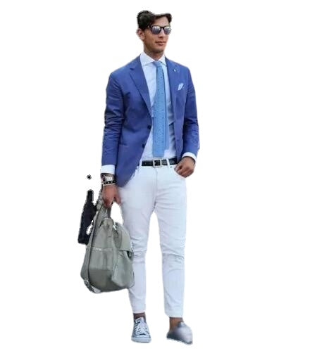 Traje informal y elegante de 2 piezas (chaqueta, pantalón y corbata) para hombre, con abrigo azul y pantalón blanco, para boda, con solapa entallada. 