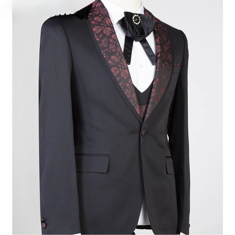 Traje de hombre gris elegante con estampado floral, blazer formal para fiesta, traje de novio de tres piezas (chaqueta + chaleco + pantalón)