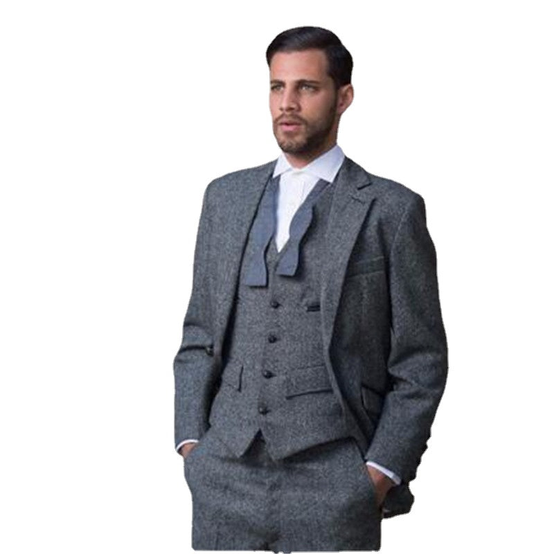 Costume 3 pièces en tweed gris pour homme (veste, pantalon, gilet, cravate), coupe slim classique sur mesure 