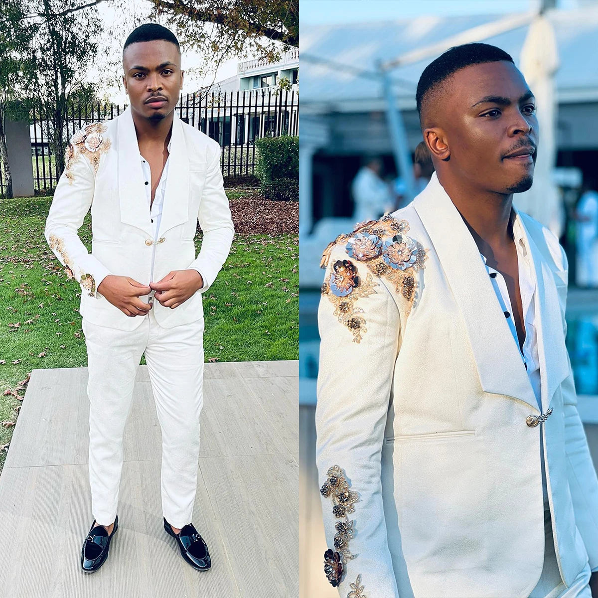 Esmoquin de boda con flores 3D para hombre, 2 piezas, solapa chal, formal, fiesta de graduación, chaqueta personalizada, pantalones, traje de noche para novio 