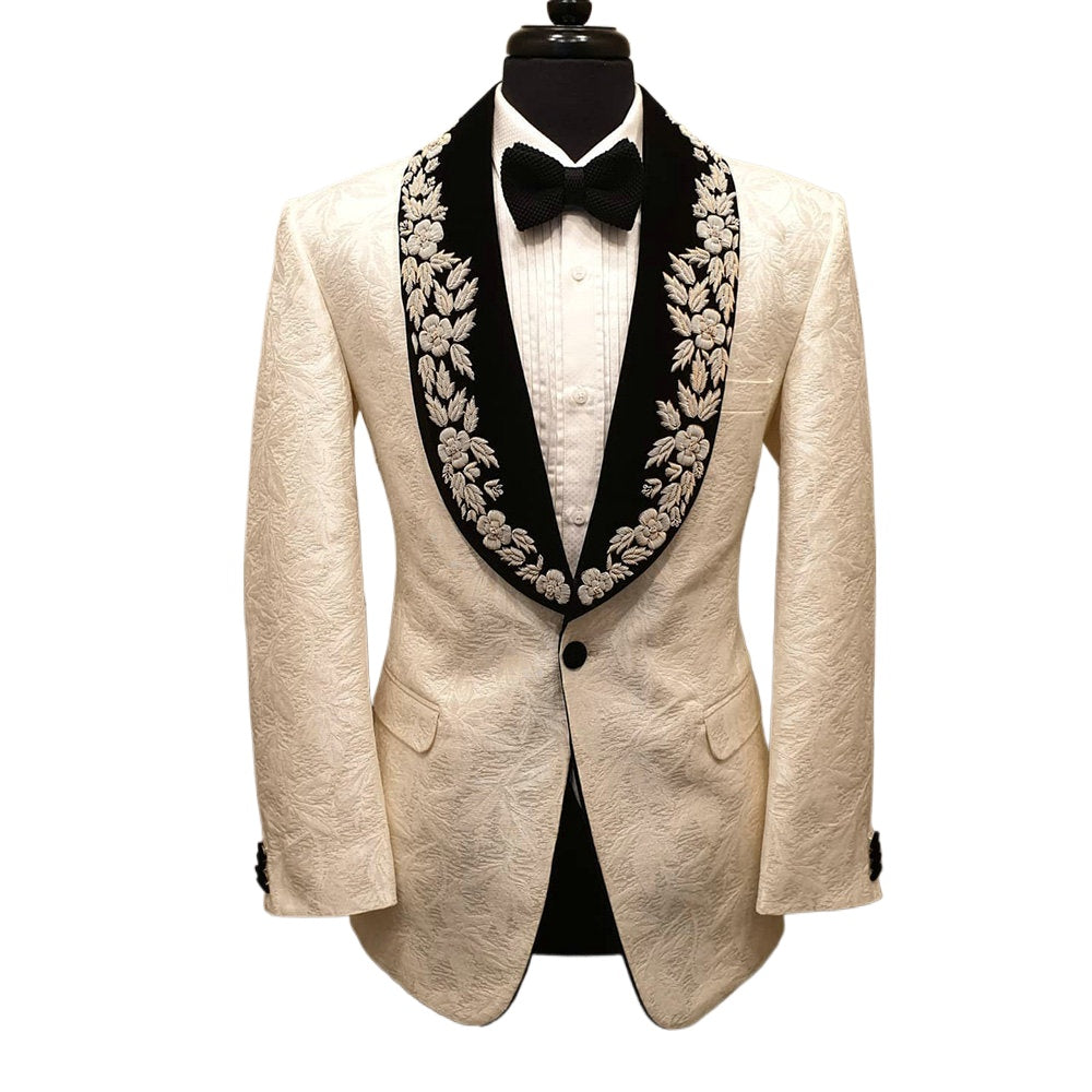 Costume 2 pièces en jacquard de dentelle florale 3D champagne pour homme, veste et pantalon, blazer élégant et décontracté