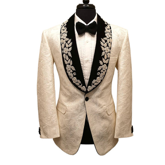 Champagne 3D Floral Lace Groom Wear Jacquard Formal Men Suits 2 Piece Jacket and Pants Sets Smart Casual Business Blazer