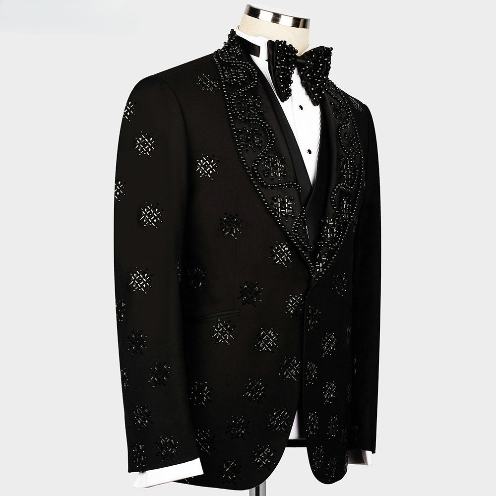 Black Pearls Beading Crystal Groom Wear Formal Men Suits 2 Piece Jacket And Pants Sets Smart Casual Business Blazer