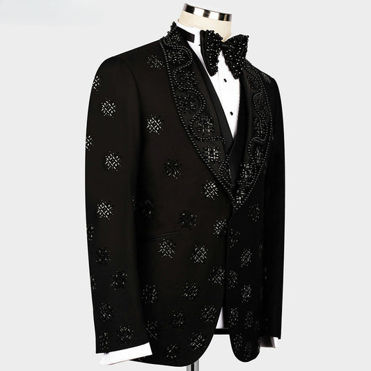 Costume de marié 2 pièces pour homme, veste et pantalon, style décontracté et élégant, avec perles noires et cristaux 