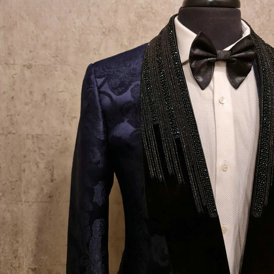 Dark Blue Jacquard Weave Two Pieces Men Suits Crystal Beading Evening Party Blazer Groom Wear ( Jacket + Pants )