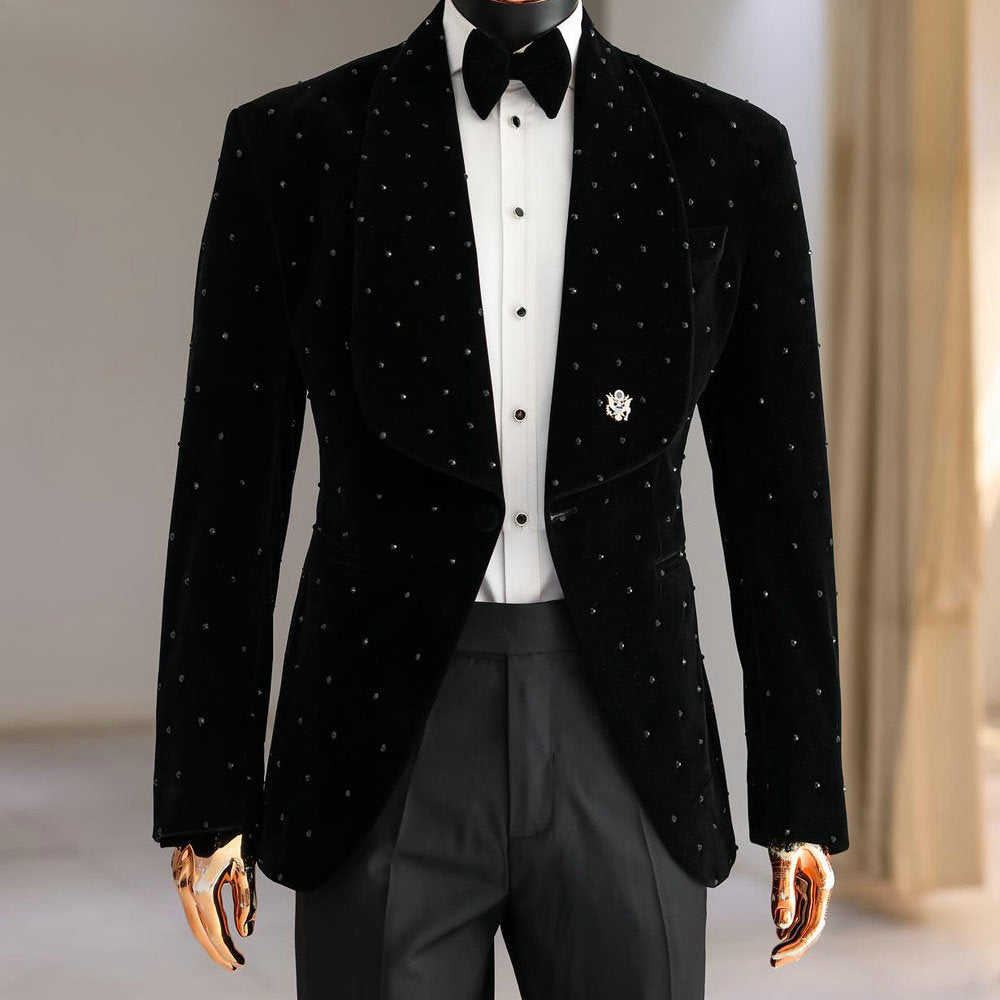 Black Velvet Men Suits 2 Piece with Pearls Fashion Business Casual Wear Party Wedding Groom Tuxedo Jacket&Pants
