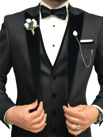 Ensemble de costumes pour hommes, blazer noir à revers pointus, pantalon, cravate, gilet, tenue de mariage, de bal, de dîner, 3 pièces (veste, pantalon, cravate) 