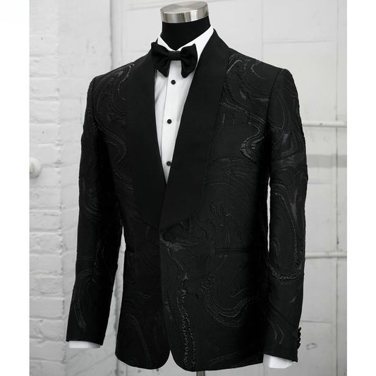 Costume 2 pièces en jacquard noir classique pour homme, tenue décontractée, tenue de soirée, de mariage, smoking, veste et pantalon