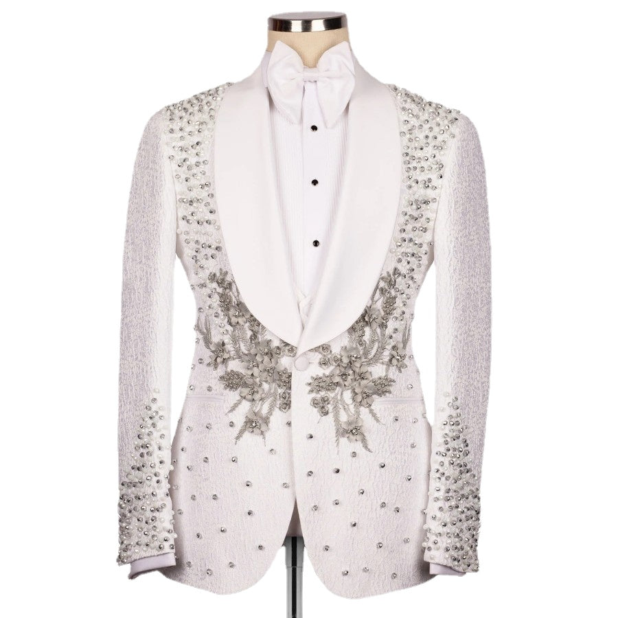 Costume de mariage de luxe pour homme, 3 pièces, ivoire, blazer, gilet, pantalon, appliques, cristaux, sur mesure 