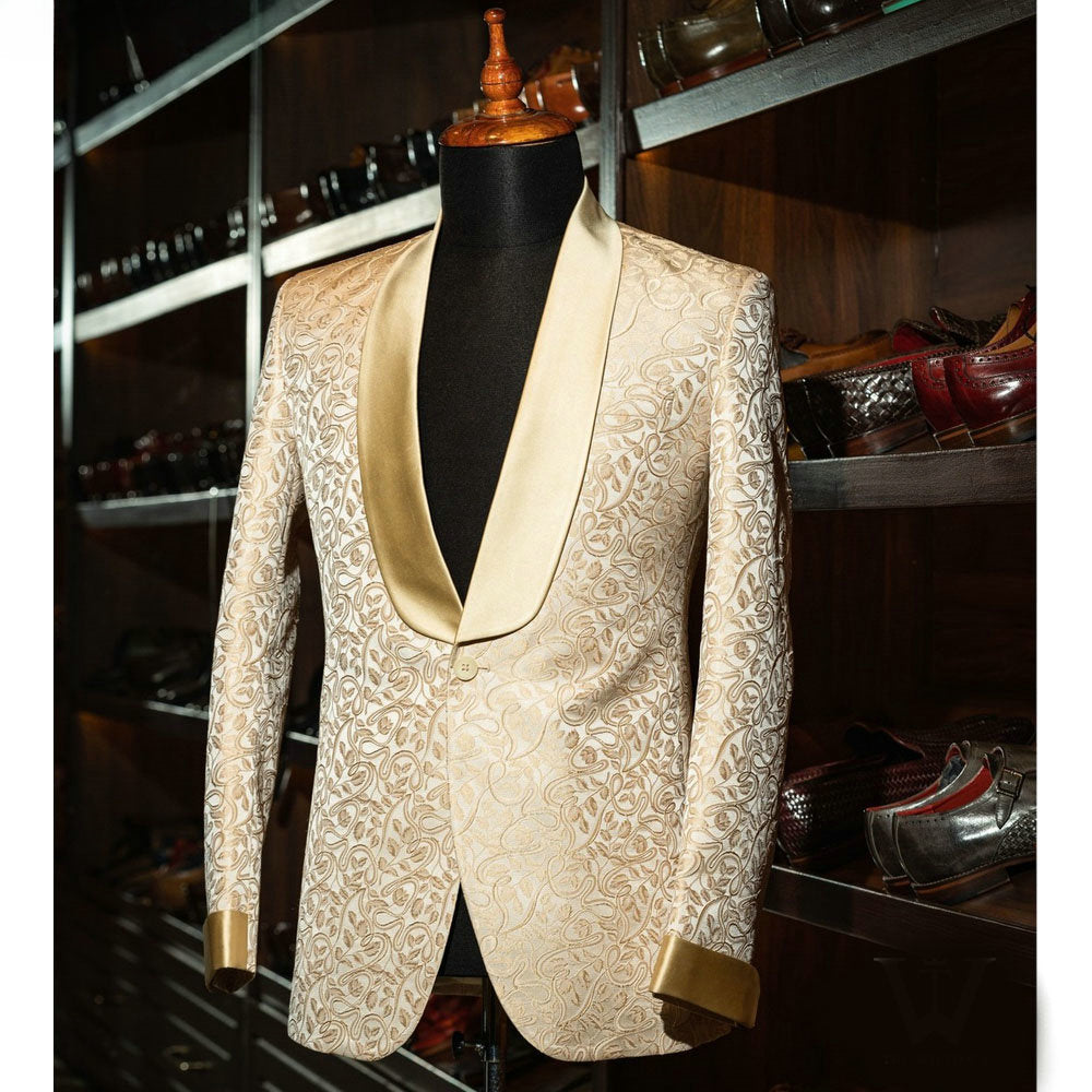 Gold 3D Jacquard Weave Formal Men Suits Two Pieces Groom Wear ( Jacket + Pants )