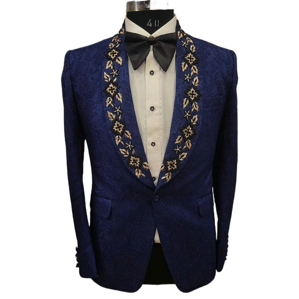 Royal Blue Jacquard Weave Men Suits Appliques Groom Wedding Tuxedos 2 Pieces Sets Dinner Prom Blazers Terno Masculino Completo