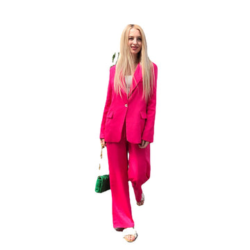 Women Two Pieces Set Satin Rose Red Single Button Blazer Female Pants Suits Loose Leisure Street Style