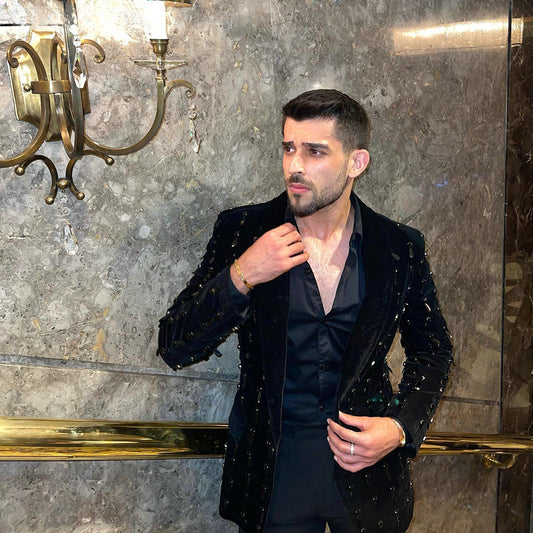 Costume 2 pièces noir avec perles de cristal pour homme, blazer et pantalon, smoking, haute couture, mariage, bal, grande taille, sur mesure