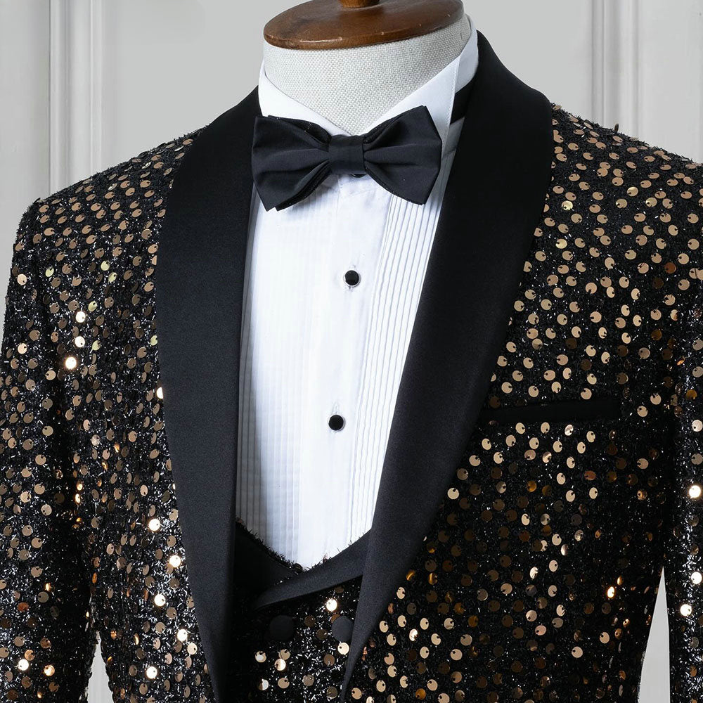 Black Sequined Groom Wear Formal Men Suits 3 Piece Jacket Vest And Pants Sets Smart Casual Business Blazer