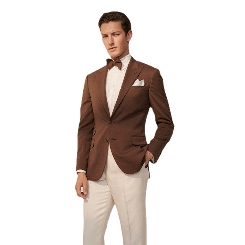 Traje de hombre de lana marrón ajustado con pantalones color marfil, esmoquin para novio, boda, graduación, boda, hombre