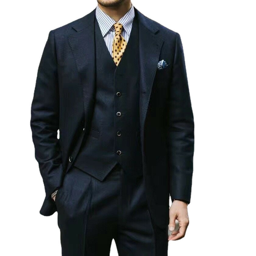 Costume de mariage italien classique noir pour homme, veste, gilet et pantalon, deux boutons, revers pointus, grande taille