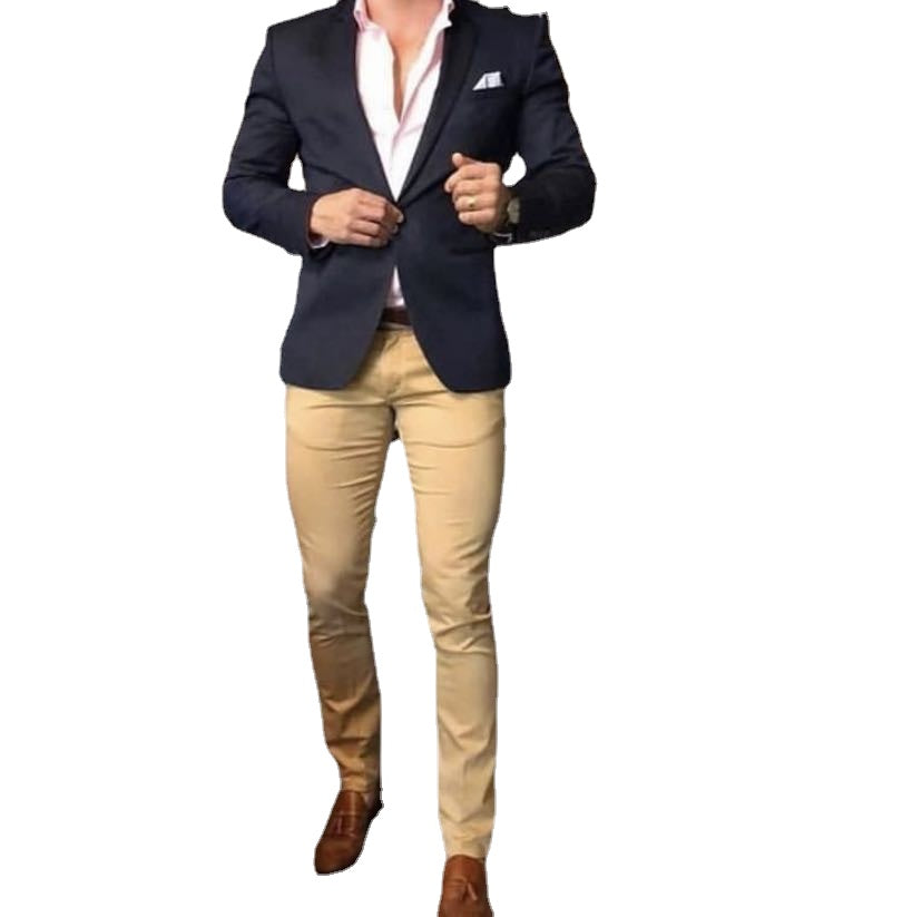 Trajes de hombre azul marino nuevos con pantalones champán, esmoquin de novio ajustado para boda, dos piezas 